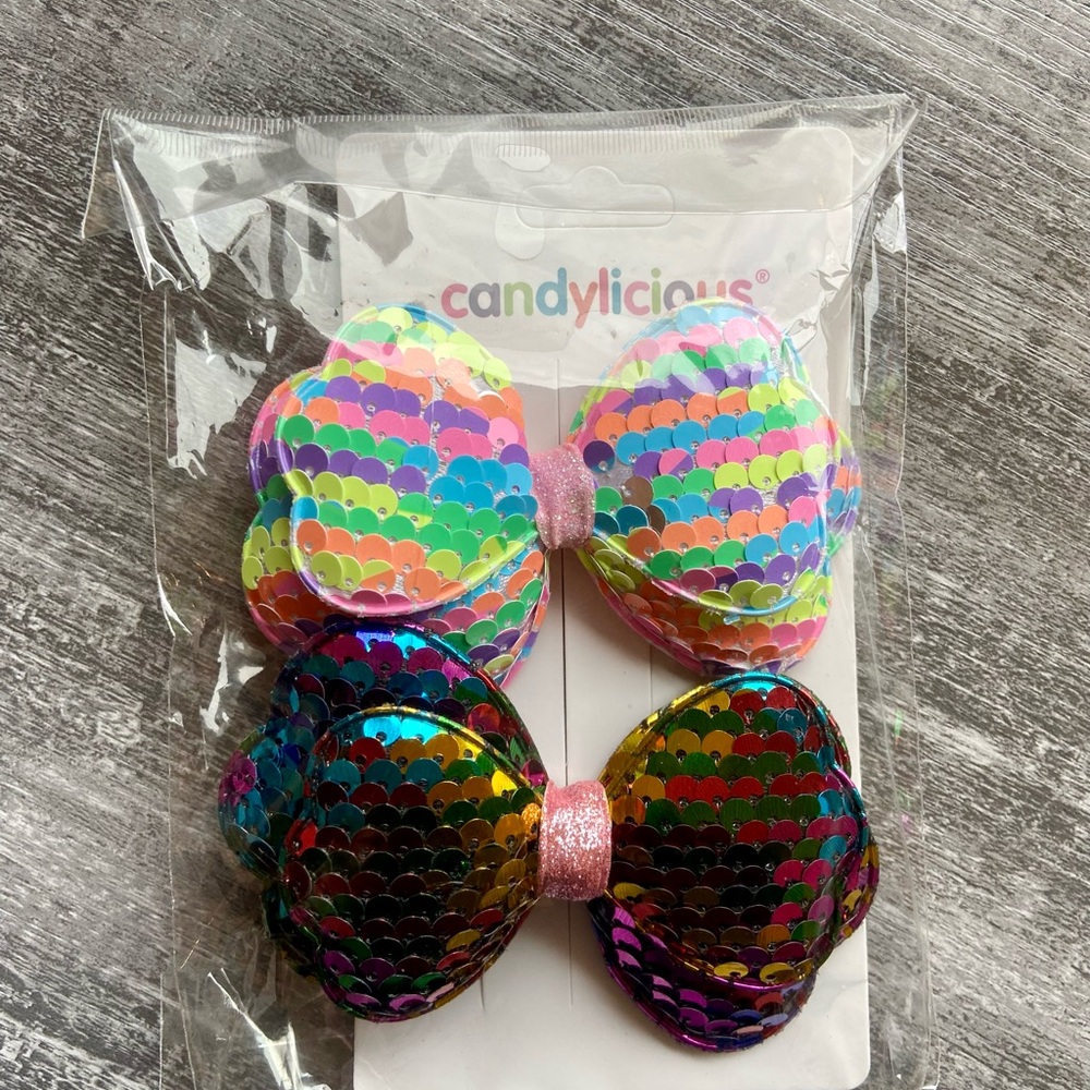 Candylicious Rainbow Sequin Hair Bows - adorable! Brand new in original package